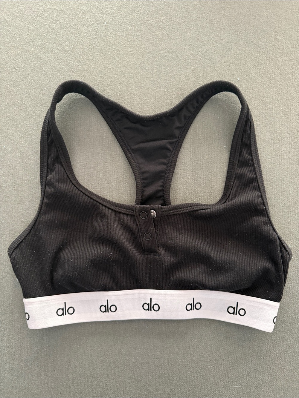 ALO Yoga Black Ribbed Racerback Sports Bra with White Logo Band - Picture 1 of 2